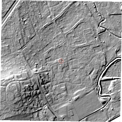 Shaded relief map of the ground around RG109UG, computed from Environment Agency LiDAR. The ground here sits at about 36 m above sea level and falls 18 m across the surrounding 800 m. Surface water reaching this point runs off ground lying to the west-south-west, 7.8 m higher.