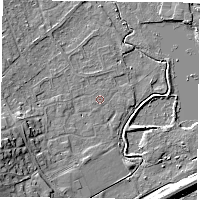 Shaded relief map of the ground around RG109UL, computed from Environment Agency LiDAR. The ground here sits at about 36 m above sea level and falls 16 m across the surrounding 800 m. Surface water reaching this point runs off ground lying to the west-south-west, 12.2 m higher.