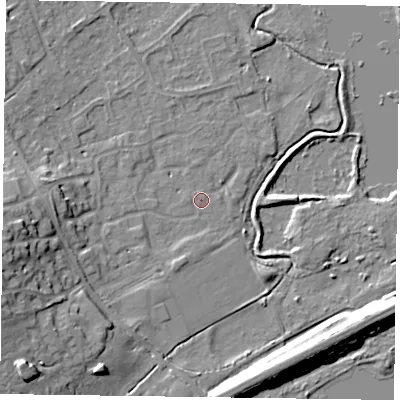 Shaded relief map of the ground around RG109UQ, computed from Environment Agency LiDAR. The ground here sits at about 36 m above sea level and falls 16 m across the surrounding 800 m. Surface water reaching this point runs off ground lying to the west-south-west, 13.5 m higher.