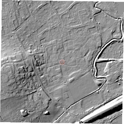 Shaded relief map of the ground around RG109US, computed from Environment Agency LiDAR. The ground here sits at about 36 m above sea level and falls 18 m across the surrounding 800 m. Surface water reaching this point runs off ground lying to the west, 14.9 m higher.