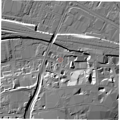 Shaded relief map of the ground around RG11NP, computed from Environment Agency LiDAR. The ground here sits at about 38 m above sea level and falls 10 m across the surrounding 800 m. Surface water reaching this point runs off ground lying to the south-east, 8.4 m higher.