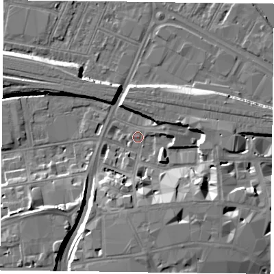 Shaded relief map of the ground around RG11PA, computed from Environment Agency LiDAR. The ground here sits at about 39 m above sea level and falls 10 m across the surrounding 800 m. Surface water reaching this point runs off ground lying to the south-east, 8.1 m higher.