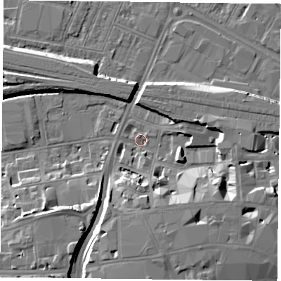 Shaded relief map of the ground around RG11PB, computed from Environment Agency LiDAR. The ground here sits at about 38 m above sea level and falls 10 m across the surrounding 800 m. Surface water reaching this point runs off ground lying to the south-east, 8.4 m higher.