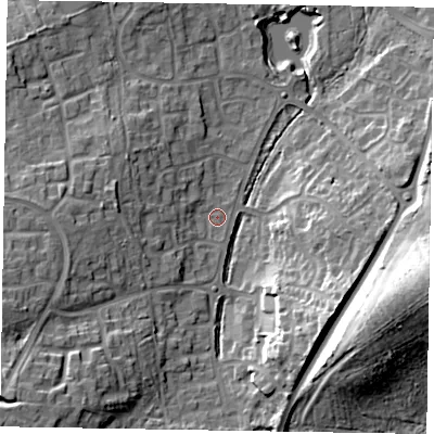 Shaded relief map of the ground around RG120SF, computed from Environment Agency LiDAR. The ground here sits at about 76 m above sea level and falls 23 m across the surrounding 800 m. Surface water reaching this point runs off ground lying to the west, 3.4 m higher.