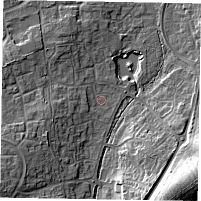 Shaded relief map of the ground around RG120UX, computed from Environment Agency LiDAR. The ground here sits at about 75 m above sea level and falls 23 m across the surrounding 800 m. Surface water reaching this point runs off ground lying to the west-south-west, 6.5 m higher.