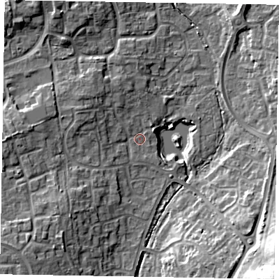 Shaded relief map of the ground around RG120UZ, computed from Environment Agency LiDAR. The ground here sits at about 75 m above sea level and falls 22 m across the surrounding 800 m. Surface water reaching this point runs off ground lying to the south-west, 9.6 m higher.