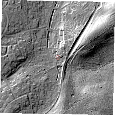 Shaded relief map of the ground around RG120XJ, computed from Environment Agency LiDAR. The ground here sits at about 80 m above sea level and falls 21 m across the surrounding 800 m. Surface water reaching this point runs off ground lying to the east-north-east, 5.5 m higher.