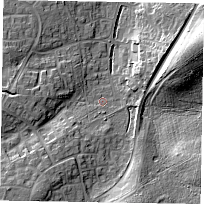 Shaded relief map of the ground around RG120XL, computed from Environment Agency LiDAR. The ground here sits at about 78 m above sea level and falls 20 m across the surrounding 800 m. Surface water reaching this point runs off ground lying to the south-west, 11.7 m higher.