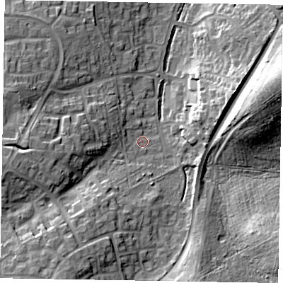Shaded relief map of the ground around RG120XN, computed from Environment Agency LiDAR. The ground here sits at about 78 m above sea level and falls 20 m across the surrounding 800 m. Surface water reaching this point runs off ground lying to the south-south-west, 12.6 m higher.