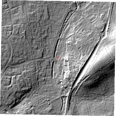 Shaded relief map of the ground around RG120XQ, computed from Environment Agency LiDAR. The ground here sits at about 76 m above sea level and falls 23 m across the surrounding 800 m. Surface water reaching this point runs off ground lying to the east-south-east, 13.4 m higher.