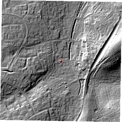 Shaded relief map of the ground around RG120XW, computed from Environment Agency LiDAR. The ground here sits at about 78 m above sea level and falls 20 m across the surrounding 800 m. Surface water reaching this point runs off ground lying to the south-south-west, 11.9 m higher.