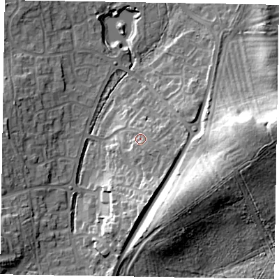 Shaded relief map of the ground around RG120XX, computed from Environment Agency LiDAR. The ground here sits at about 81 m above sea level and falls 24 m across the surrounding 800 m. Surface water reaching this point runs off ground lying to the south-east, 3.6 m higher.