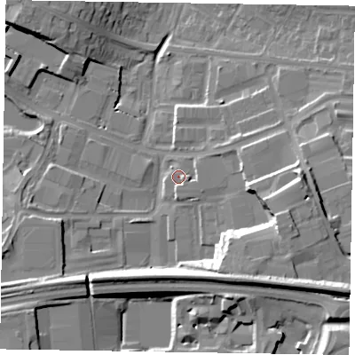 Shaded relief map of the ground around RG121QH, computed from Environment Agency LiDAR. The ground here sits at about 56 m above sea level and falls 21 m across the surrounding 800 m. Surface water reaching this point runs off ground lying to the east-south-east, 2.0 m higher.