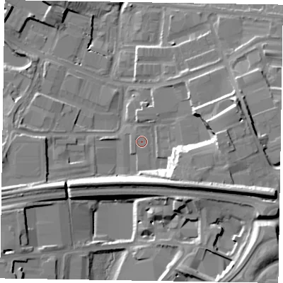 Shaded relief map of the ground around RG121QS, computed from Environment Agency LiDAR. The ground here sits at about 56 m above sea level and falls 20 m across the surrounding 800 m. Surface water reaching this point runs off ground lying to the east-south-east, 13.6 m higher.