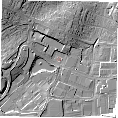 Shaded relief map of the ground around RG121RF, computed from Environment Agency LiDAR. The ground here sits at about 54 m above sea level and falls 20 m across the surrounding 800 m. Surface water reaching this point runs off ground lying to the south-south-west, 11.1 m higher.