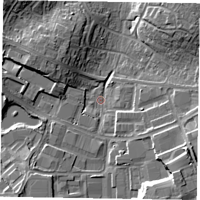Shaded relief map of the ground around RG121RP, computed from Environment Agency LiDAR. The ground here sits at about 53 m above sea level and falls 18 m across the surrounding 800 m. Surface water reaching this point runs off ground lying to the south-east, 15.6 m higher.