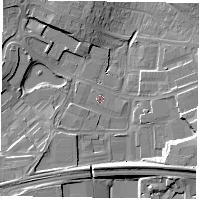 Shaded relief map of the ground around RG121RW, computed from Environment Agency LiDAR. The ground here sits at about 55 m above sea level and falls 19 m across the surrounding 800 m. Surface water reaching this point runs off ground lying to the south-west, 0.7 m higher.