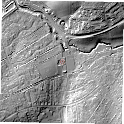 Shaded relief map of the ground around RG122BH, computed from Environment Agency LiDAR. The ground here sits at about 49 m above sea level and falls 21 m across the surrounding 800 m. Surface water reaching this point runs off ground lying to the west-south-west, 3.4 m higher.