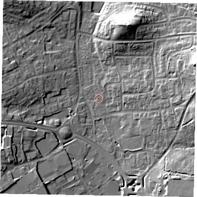 Shaded relief map of the ground around RG122NJ, computed from Environment Agency LiDAR. The ground here sits at about 65 m above sea level and falls 23 m across the surrounding 800 m. Surface water reaching this point runs off ground lying to the east-north-east, 16.2 m higher.