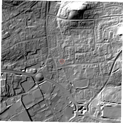 Shaded relief map of the ground around RG122NL, computed from Environment Agency LiDAR. The ground here sits at about 65 m above sea level and falls 24 m across the surrounding 800 m. Surface water reaching this point runs off ground lying to the east-north-east, 17.2 m higher.