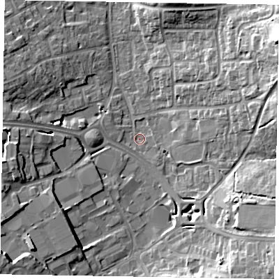 Shaded relief map of the ground around RG122NN, computed from Environment Agency LiDAR. The ground here sits at about 65 m above sea level and falls 20 m across the surrounding 800 m. Surface water reaching this point runs off ground lying to the east-north-east, 15.4 m higher.