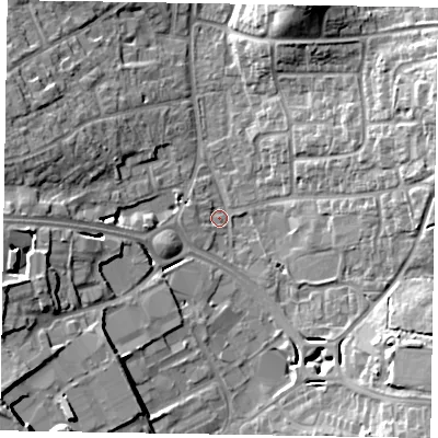 Shaded relief map of the ground around RG122NP, computed from Environment Agency LiDAR. The ground here sits at about 65 m above sea level and falls 15 m across the surrounding 800 m. Surface water reaching this point runs off ground lying to the south-west, 14.8 m higher.