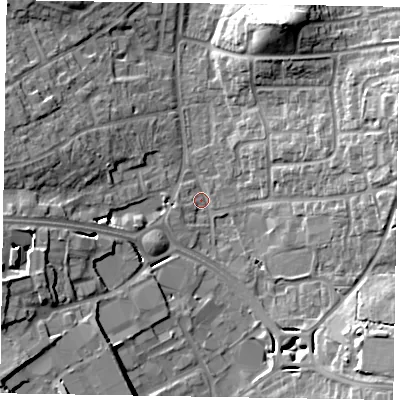 Shaded relief map of the ground around RG122NR, computed from Environment Agency LiDAR. The ground here sits at about 65 m above sea level and falls 16 m across the surrounding 800 m. Surface water reaching this point runs off ground lying to the south-west, 14.5 m higher.