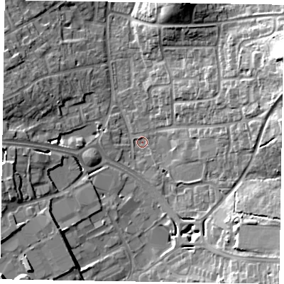 Shaded relief map of the ground around RG122NZ, computed from Environment Agency LiDAR. The ground here sits at about 65 m above sea level and falls 22 m across the surrounding 800 m. Surface water reaching this point runs off ground lying to the east-north-east, 16.5 m higher.