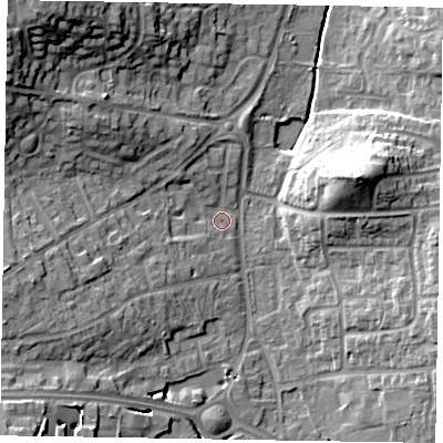 Shaded relief map of the ground around RG122PJ, computed from Environment Agency LiDAR. The ground here sits at about 65 m above sea level and falls 23 m across the surrounding 800 m. Surface water reaching this point runs off ground lying to the west-north-west, 13.7 m higher.