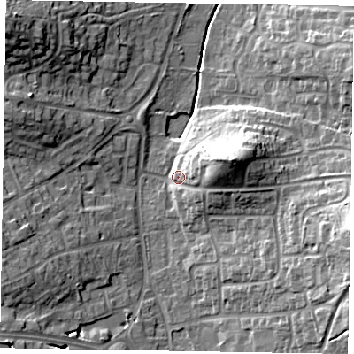 Shaded relief map of the ground around RG122PP, computed from Environment Agency LiDAR. The ground here sits at about 66 m above sea level and falls 22 m across the surrounding 800 m. Surface water reaching this point runs off ground lying to the east-north-east, 15.4 m higher.