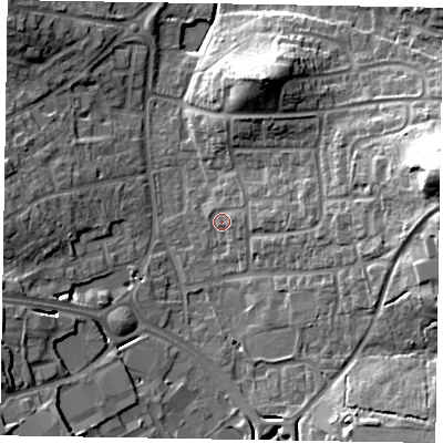 Shaded relief map of the ground around RG122RG, computed from Environment Agency LiDAR. The ground here sits at about 66 m above sea level and falls 32 m across the surrounding 800 m. Surface water reaching this point runs off ground lying to the east, 4.2 m higher.