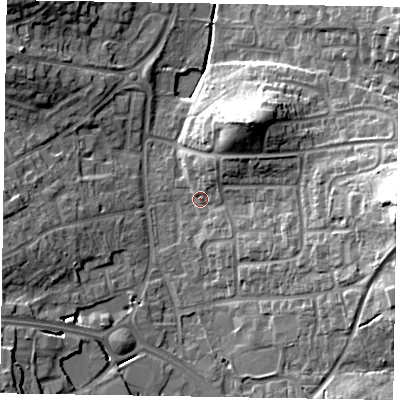 Shaded relief map of the ground around RG122RH, computed from Environment Agency LiDAR. The ground here sits at about 66 m above sea level and falls 28 m across the surrounding 800 m. Surface water reaching this point runs off ground lying to the east, 24.1 m higher.