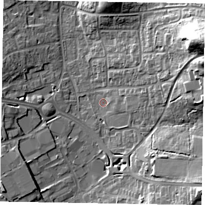 Shaded relief map of the ground around RG122SW, computed from Environment Agency LiDAR. The ground here sits at about 66 m above sea level and falls 31 m across the surrounding 800 m. Surface water reaching this point runs off ground lying to the east, 5.2 m higher.