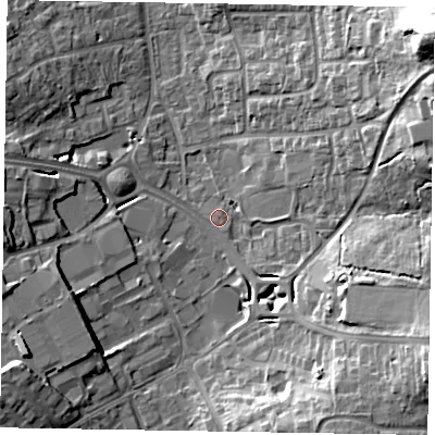 Shaded relief map of the ground around RG122TB, computed from Environment Agency LiDAR. The ground here sits at about 66 m above sea level and falls 29 m across the surrounding 800 m. Surface water reaching this point runs off ground lying to the east-north-east, 20.0 m higher.