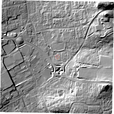 Shaded relief map of the ground around RG122UH, computed from Environment Agency LiDAR. The ground here sits at about 67 m above sea level and falls 30 m across the surrounding 800 m. Surface water reaching this point runs off ground lying to the north-east, 28.0 m higher.