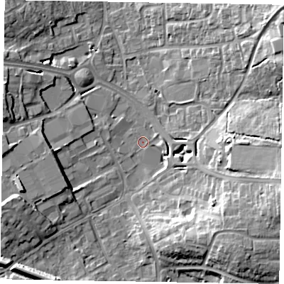 Shaded relief map of the ground around RG122UW, computed from Environment Agency LiDAR. The ground here sits at about 66 m above sea level and falls 19 m across the surrounding 800 m. Surface water reaching this point runs off ground lying to the east-south-east, 14.5 m higher.