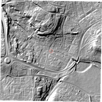 Shaded relief map of the ground around RG127ND, computed from Environment Agency LiDAR. The ground here sits at about 72 m above sea level and falls 20 m across the surrounding 800 m. Surface water reaching this point runs off ground lying to the east, 16.7 m higher.