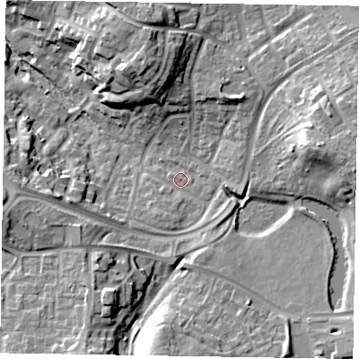 Shaded relief map of the ground around RG127NE, computed from Environment Agency LiDAR. The ground here sits at about 73 m above sea level and falls 21 m across the surrounding 800 m. Surface water reaching this point runs off ground lying to the south, 16.5 m higher.