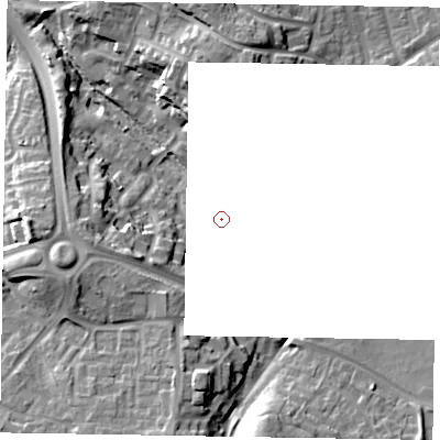 Shaded relief map of the ground around RG127NL, computed from Environment Agency LiDAR. and falls 20 m across the surrounding 800 m.