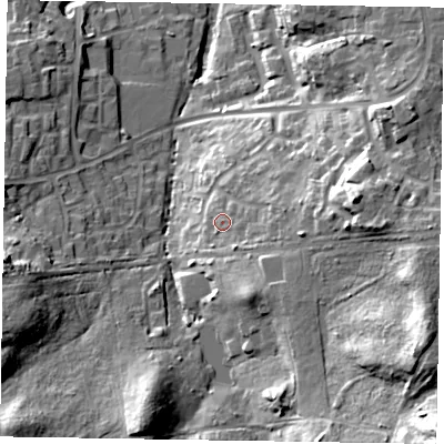 Shaded relief map of the ground around RG127ZF, computed from Environment Agency LiDAR. The ground here sits at about 94 m above sea level and falls 36 m across the surrounding 800 m. Surface water reaching this point runs off ground lying to the east, 9.8 m higher.