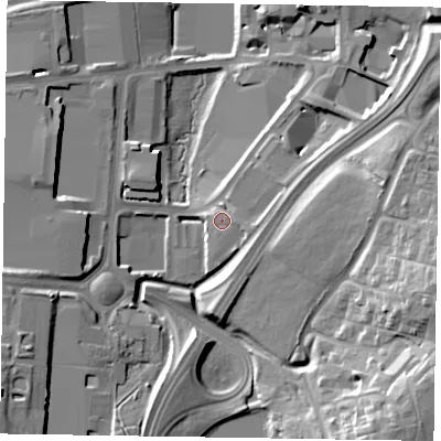 Shaded relief map of the ground around RG128FB, computed from Environment Agency LiDAR. The ground here sits at about 64 m above sea level and falls 25 m across the surrounding 800 m. Surface water reaching this point runs off ground lying to the east, 1.2 m higher.