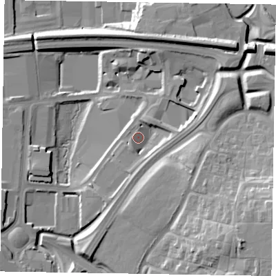 Shaded relief map of the ground around RG128FP, computed from Environment Agency LiDAR. The ground here sits at about 63 m above sea level and falls 26 m across the surrounding 800 m. Surface water reaching this point runs off ground lying to the east, 5.1 m higher.