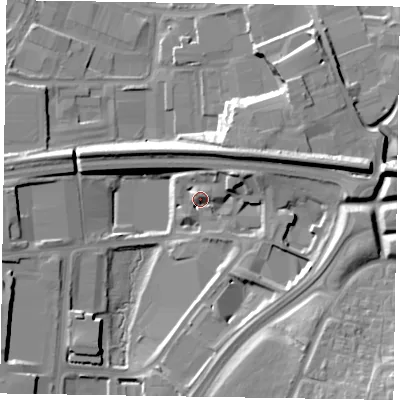 Shaded relief map of the ground around RG128TQ, computed from Environment Agency LiDAR. The ground here sits at about 62 m above sea level and falls 26 m across the surrounding 800 m. Surface water reaching this point runs off ground lying to the east-north-east, 13.4 m higher.