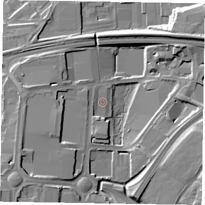Shaded relief map of the ground around RG128YB, computed from Environment Agency LiDAR. The ground here sits at about 61 m above sea level and falls 19 m across the surrounding 800 m. Surface water reaching this point runs off ground lying to the south-west, 15.3 m higher.