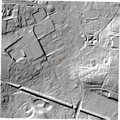 Shaded relief map of the ground around RG129AE, computed from Environment Agency LiDAR. The ground here sits at about 68 m above sea level and falls 17 m across the surrounding 800 m. Surface water reaching this point runs off ground lying to the west-south-west, 13.3 m higher.