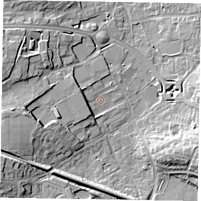 Shaded relief map of the ground around RG129BG, computed from Environment Agency LiDAR. The ground here sits at about 68 m above sea level and falls 19 m across the surrounding 800 m. Surface water reaching this point runs off ground lying to the west, 5.0 m higher.