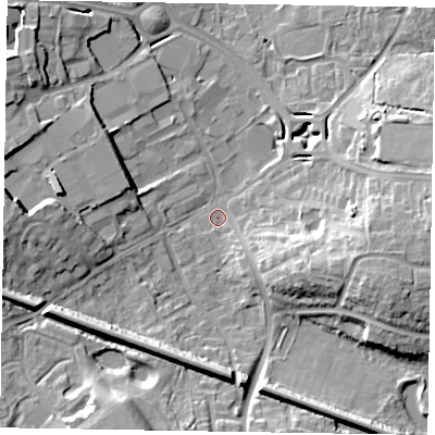 Shaded relief map of the ground around RG129BJ, computed from Environment Agency LiDAR. The ground here sits at about 67 m above sea level and falls 17 m across the surrounding 800 m. Surface water reaching this point runs off ground lying to the south-south-west, 14.1 m higher.