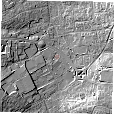 Shaded relief map of the ground around RG129BQ, computed from Environment Agency LiDAR. The ground here sits at about 66 m above sea level and falls 16 m across the surrounding 800 m. Surface water reaching this point runs off ground lying to the west-south-west, 13.4 m higher.