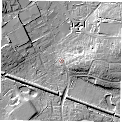 Shaded relief map of the ground around RG129EJ, computed from Environment Agency LiDAR. The ground here sits at about 70 m above sea level and falls 18 m across the surrounding 800 m. Surface water reaching this point runs off ground lying to the east, 4.0 m higher.