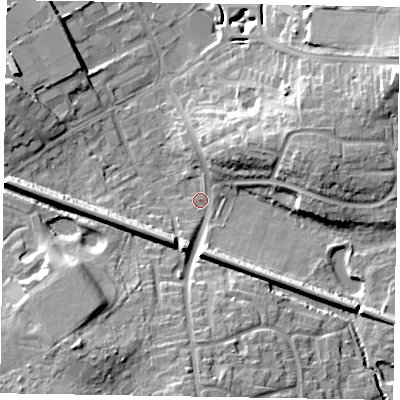 Shaded relief map of the ground around RG129EL, computed from Environment Agency LiDAR. The ground here sits at about 69 m above sea level and falls 21 m across the surrounding 800 m. Surface water reaching this point runs off ground lying to the east-north-east, 15.9 m higher.